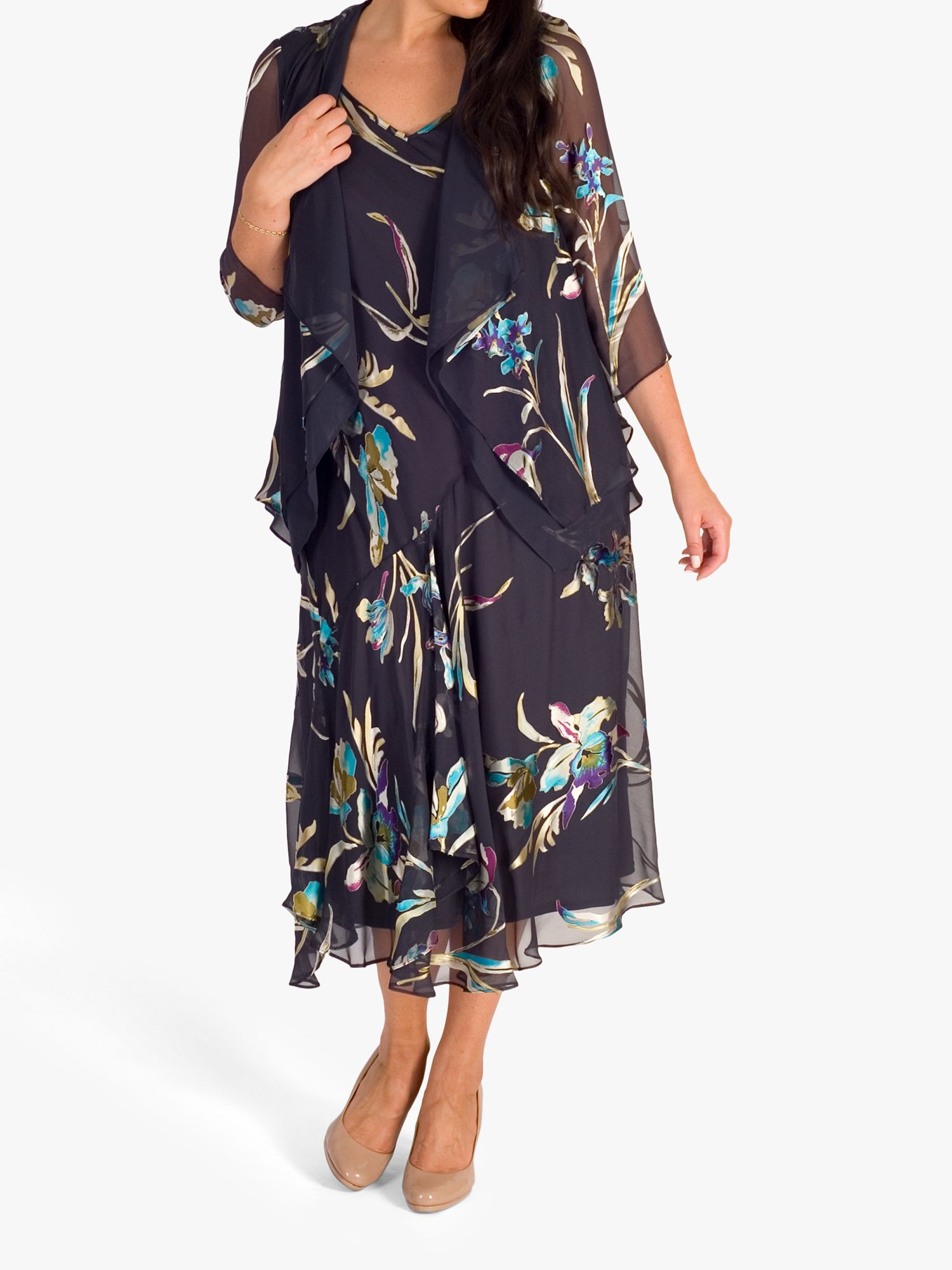 chesca Devoree Floral Print Midi Dress, Pewter/Turquoise, 14