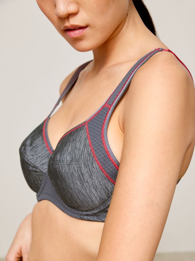 John Lewis Martyna Underwired Sports Bra, Charcoal Marl/Red, 32B