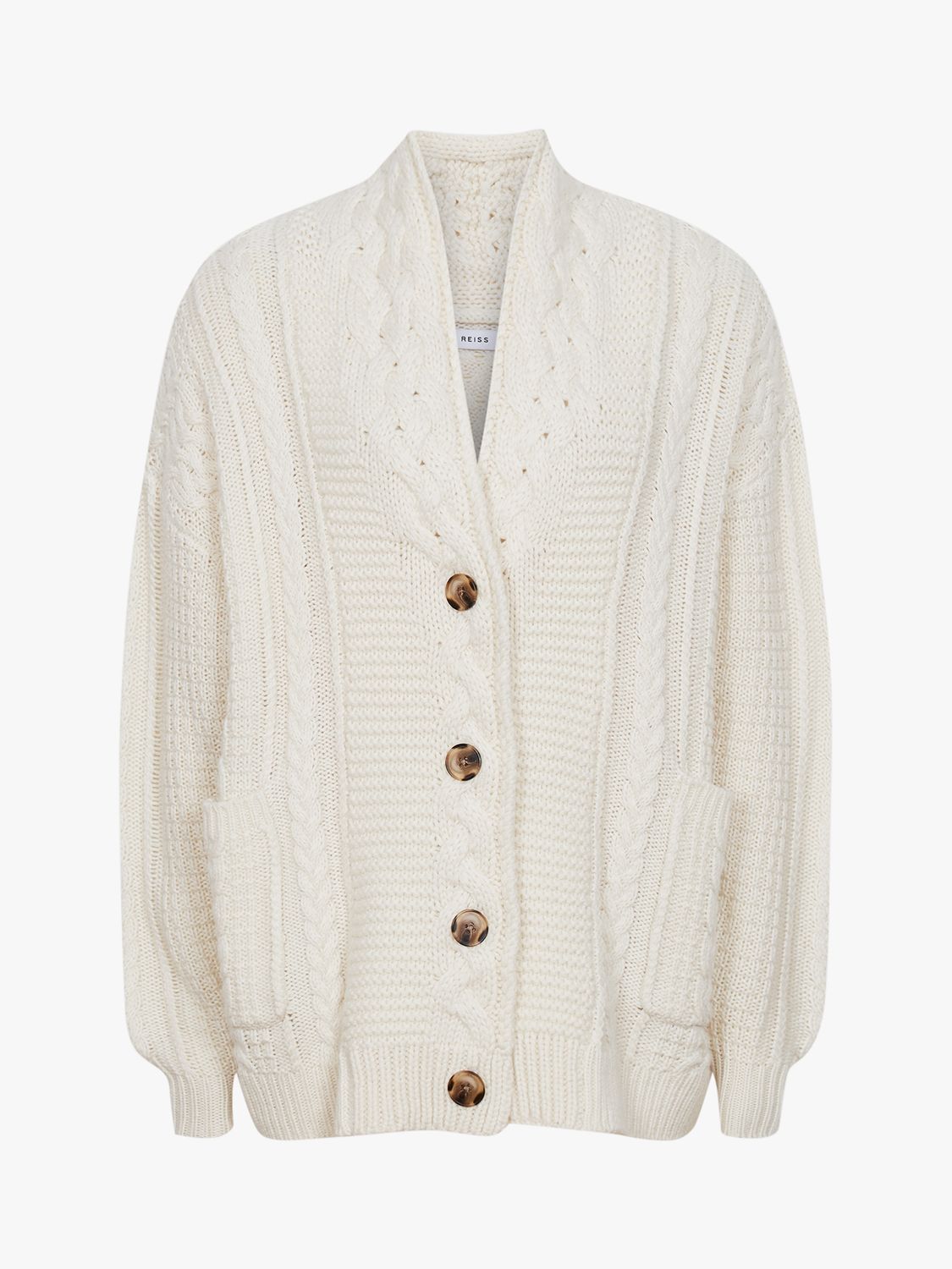 Reiss Summer Chunky Cable Knit Button Cardigan, Cream at John Lewis ...