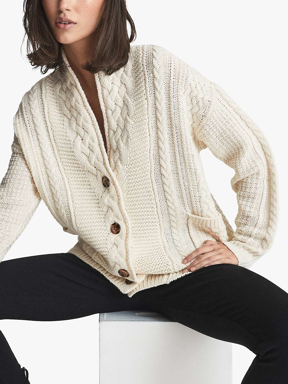 Reiss Summer Chunky Cable Knit Button Cardigan, Cream at John Lewis ...