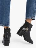 Dune Poet Leather Buckle Heeled Ankle Boots, Black