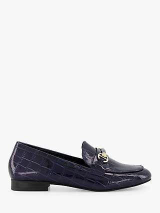 Dune Grange Leather Snaffle Trim Reptile Print Loafers, Navy