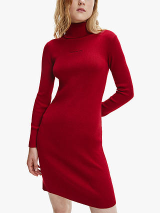 Calvin Klein Jeans Roll Neck Logo Cashmere Blend Jumper Dress, Virginia Red