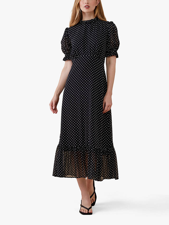 Finery Camille Spot Print Ruffle Detail Midi Dress, Black/Multi