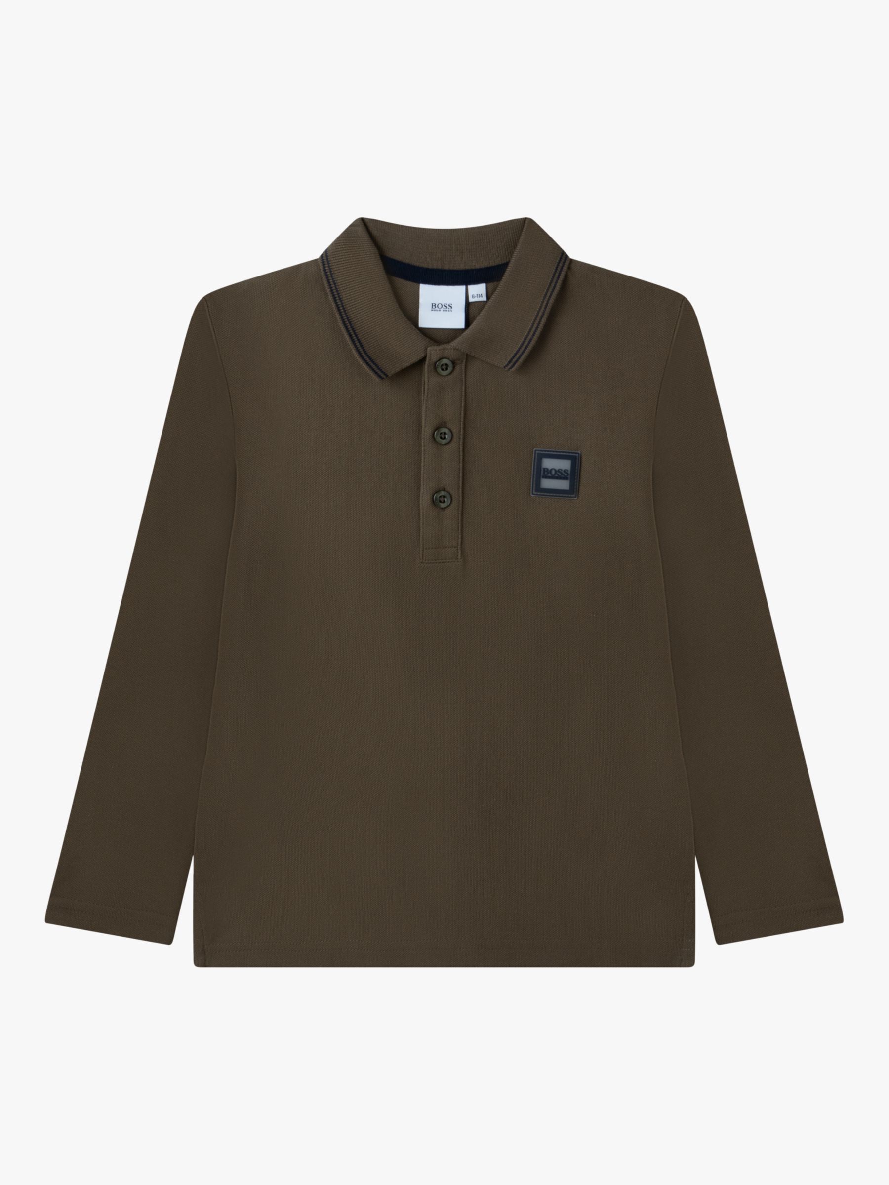 HUGO BOSS Kids' Long Sleeve Pique Cotton Polo Shirt, Khaki, 6 months