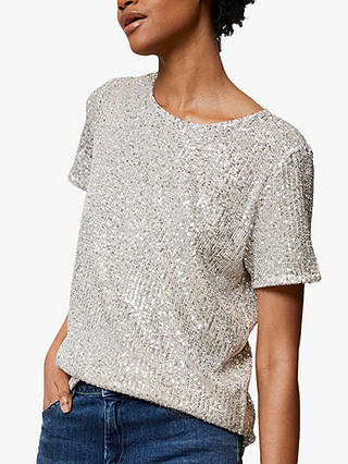 Mint Velvet Sequin T-Shirt, Silver, XS
