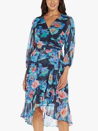 Adrianna Papell Abstract Floral Print Wrap Dress, Blue/Multi