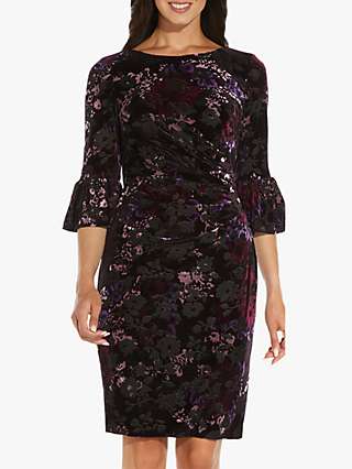 Adrianna Papell Floral Velvet Ruched Sheath Dress, Purple/Multi
