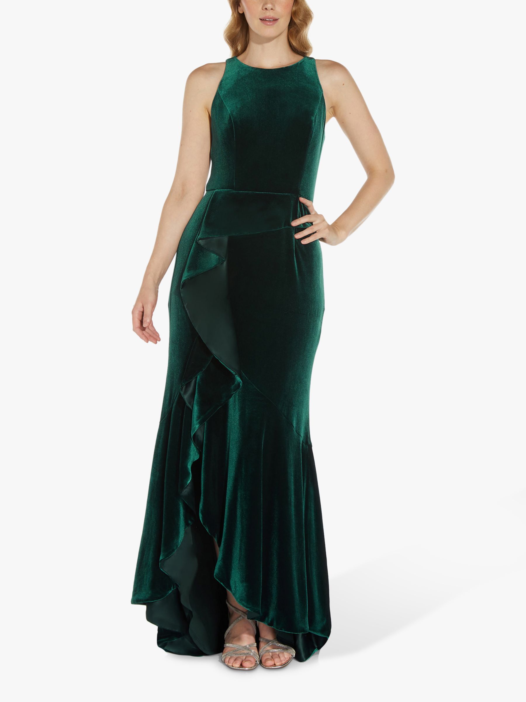 Adrianna Papell Velvet Cascade Maxi Dress Hunter at John Lewis