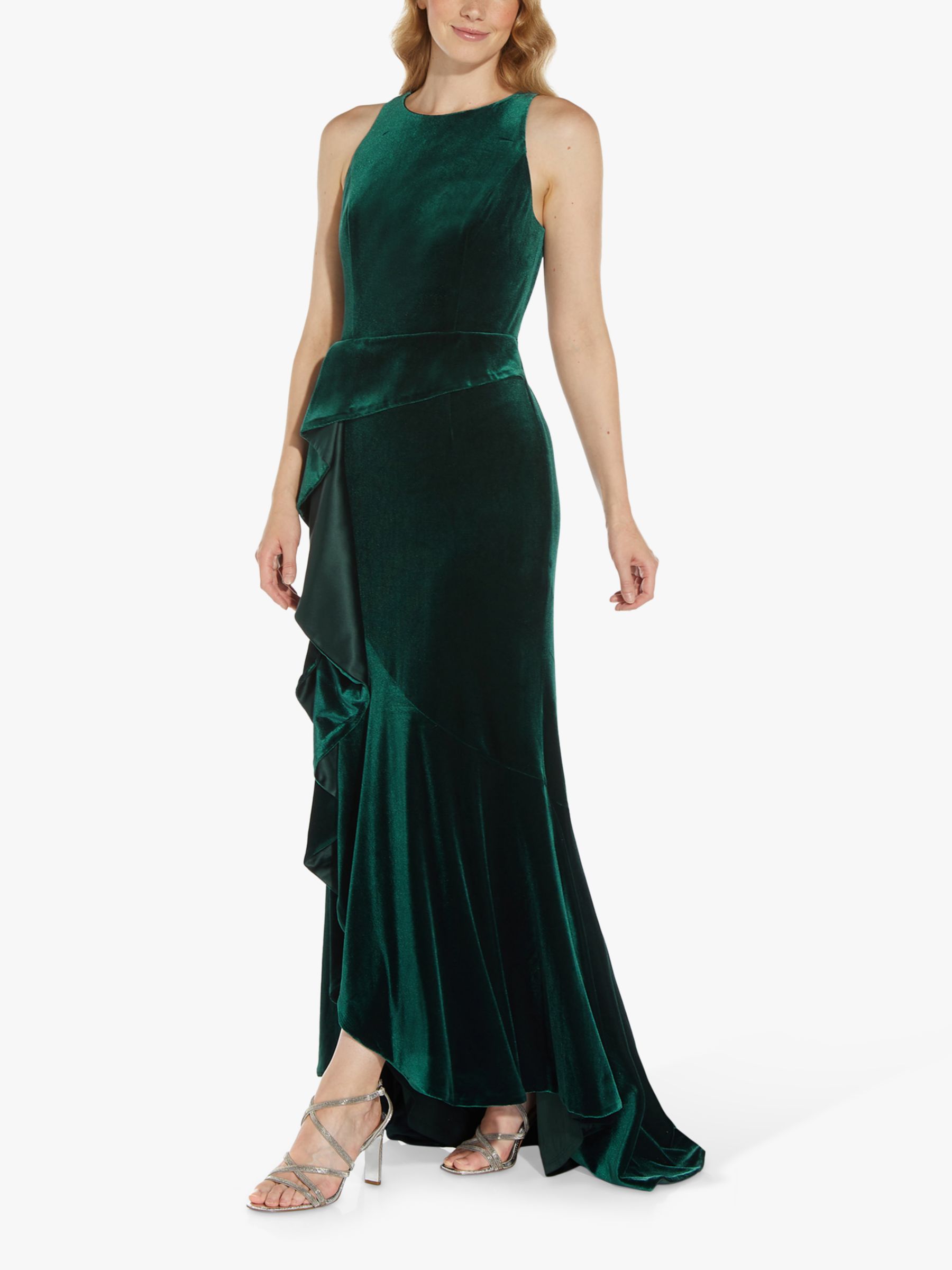 Adrianna Papell Velvet Cascade Maxi Dress Hunter at John Lewis