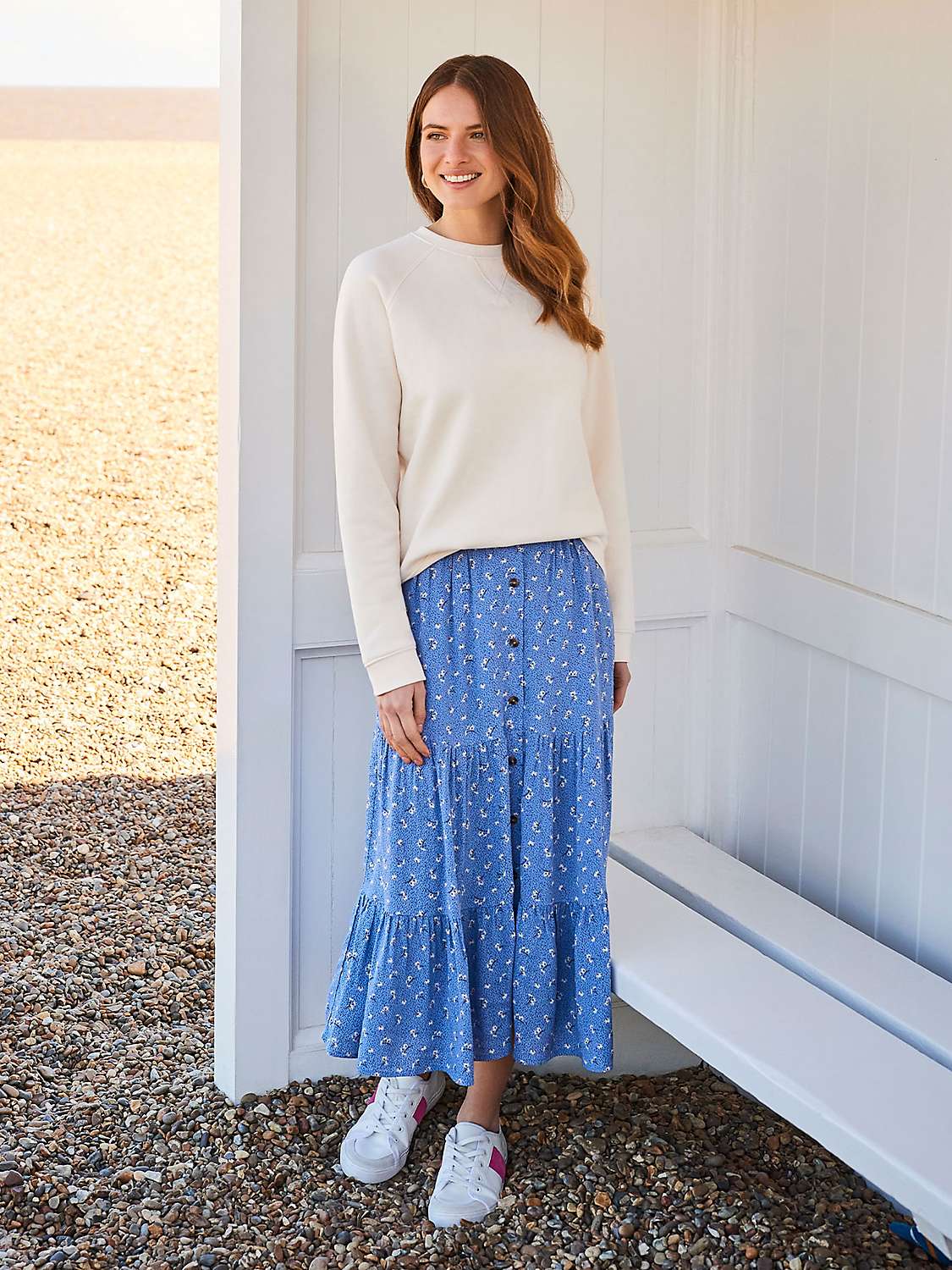 Buy Crew Clothing Daisy Print Button Front Tiered Midi Skirt, Blue/Multi Online at johnlewis.com