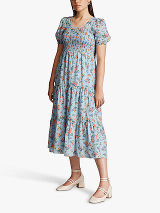 Ghost Gracey Tiered Ramie Linen Bouquet Print Dress, Blue