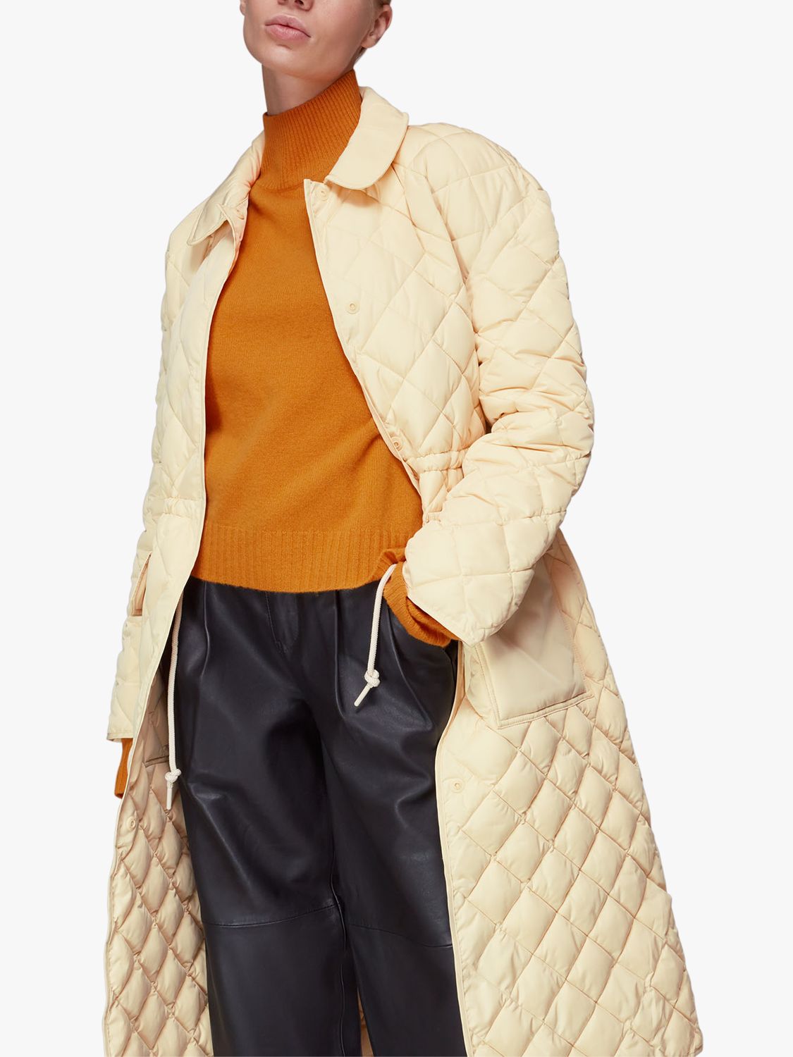 Whistles Clelia Long Quilted Coat, Pale Yellow, S