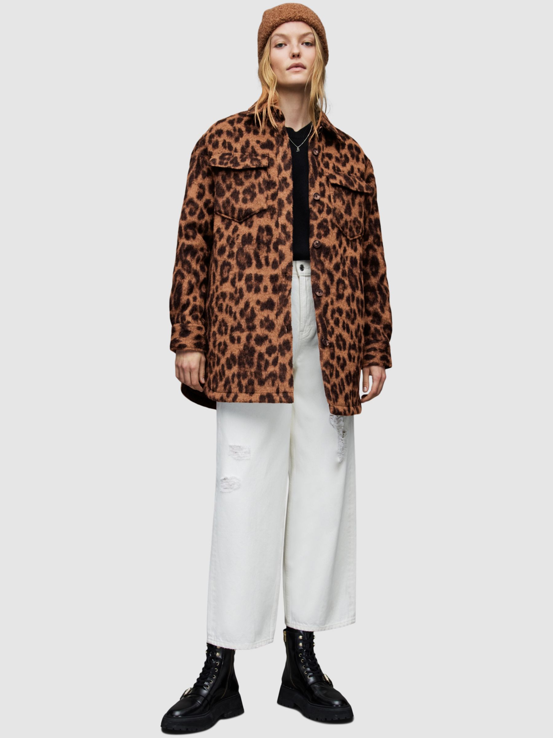 AllSaints Sophie Leopard Print Jacket, Brown, 10