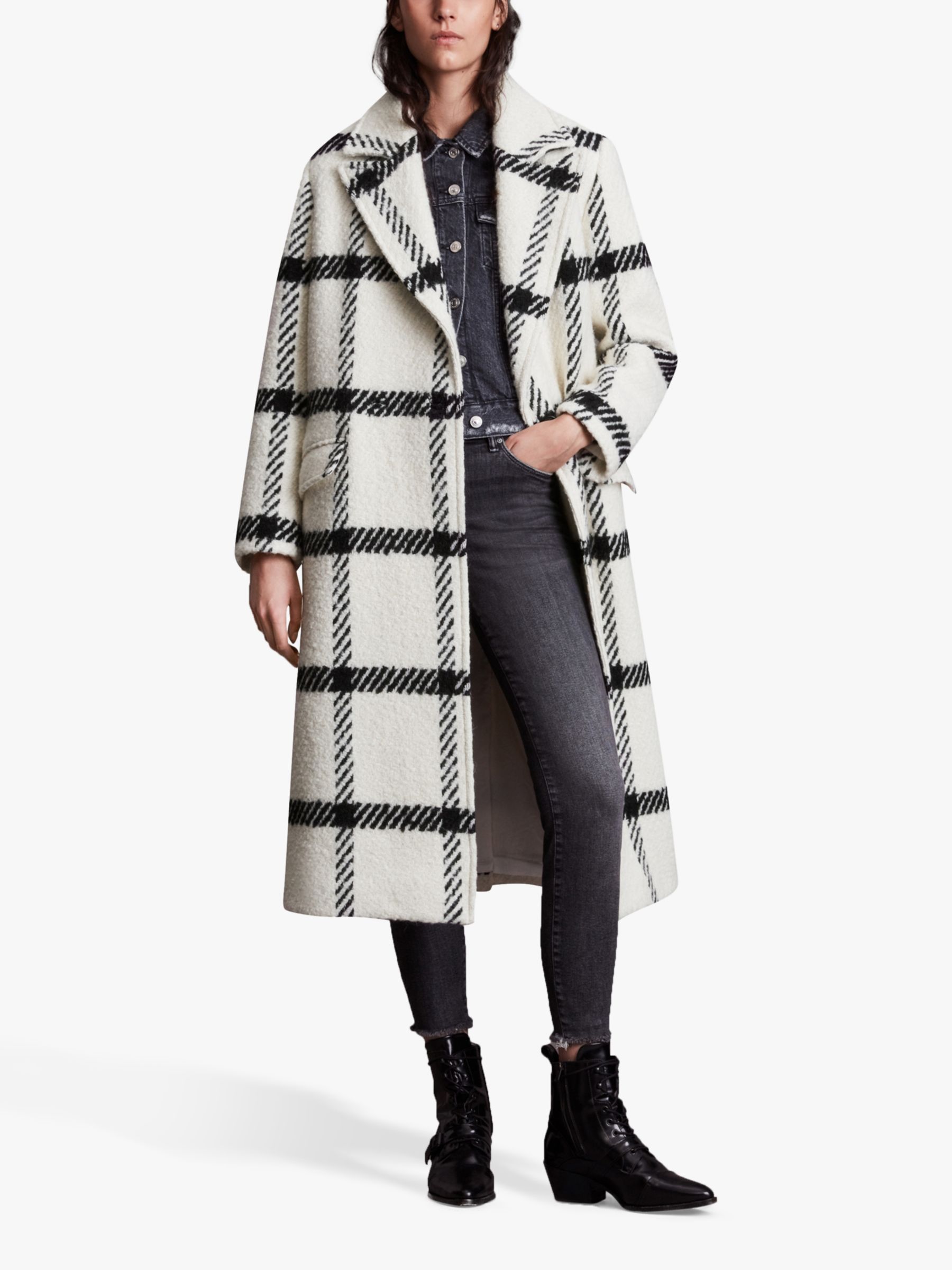 AllSaints Mabel Wool Blend Check Coat, Black/White