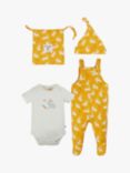 Frugi Baby Organic Cotton Rabbit Print Dungaree, Bodysuit & Hat Gift Set, Yellow