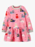 Mini Boden Kids' Cosy Cat Print Sweatshrt Dress, Pink