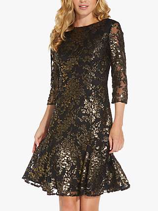 Adrianna Papell Foiled Velvet Flared Dress, Black/Gold