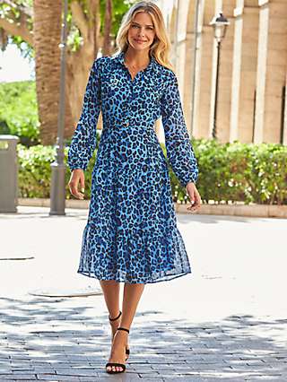 Sosandar Leopard Print Tiered Shirt Dress, Bright Blue