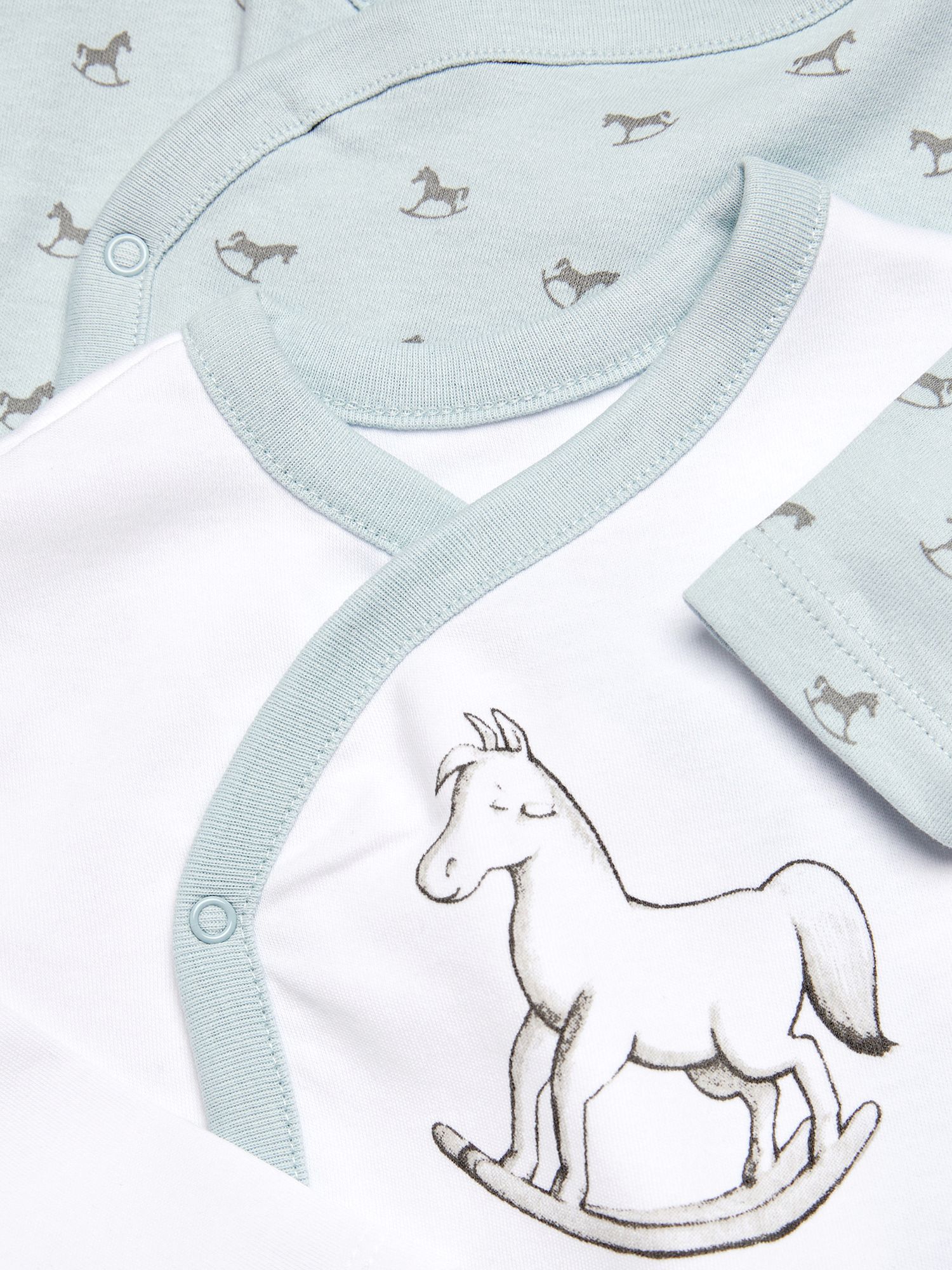 The Little Tailor Baby Rocking Horse Print Long Sleeve Bodysuit, Pack of 2, Blue/White, 0-3 months