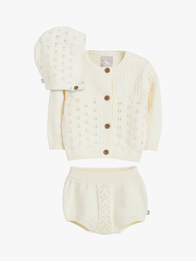 The Little Tailor Baby Three Piece Cardigan, Bloomer & Bonnet Set, Cream