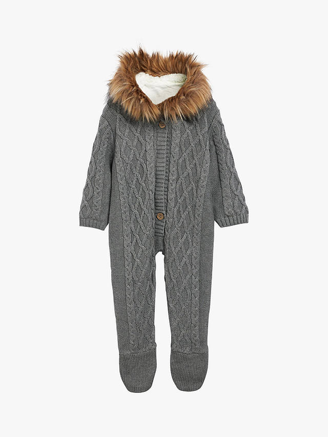 The Little Tailor Kids' Knitted Faux Fur Hood Romper, Charcoal Grey