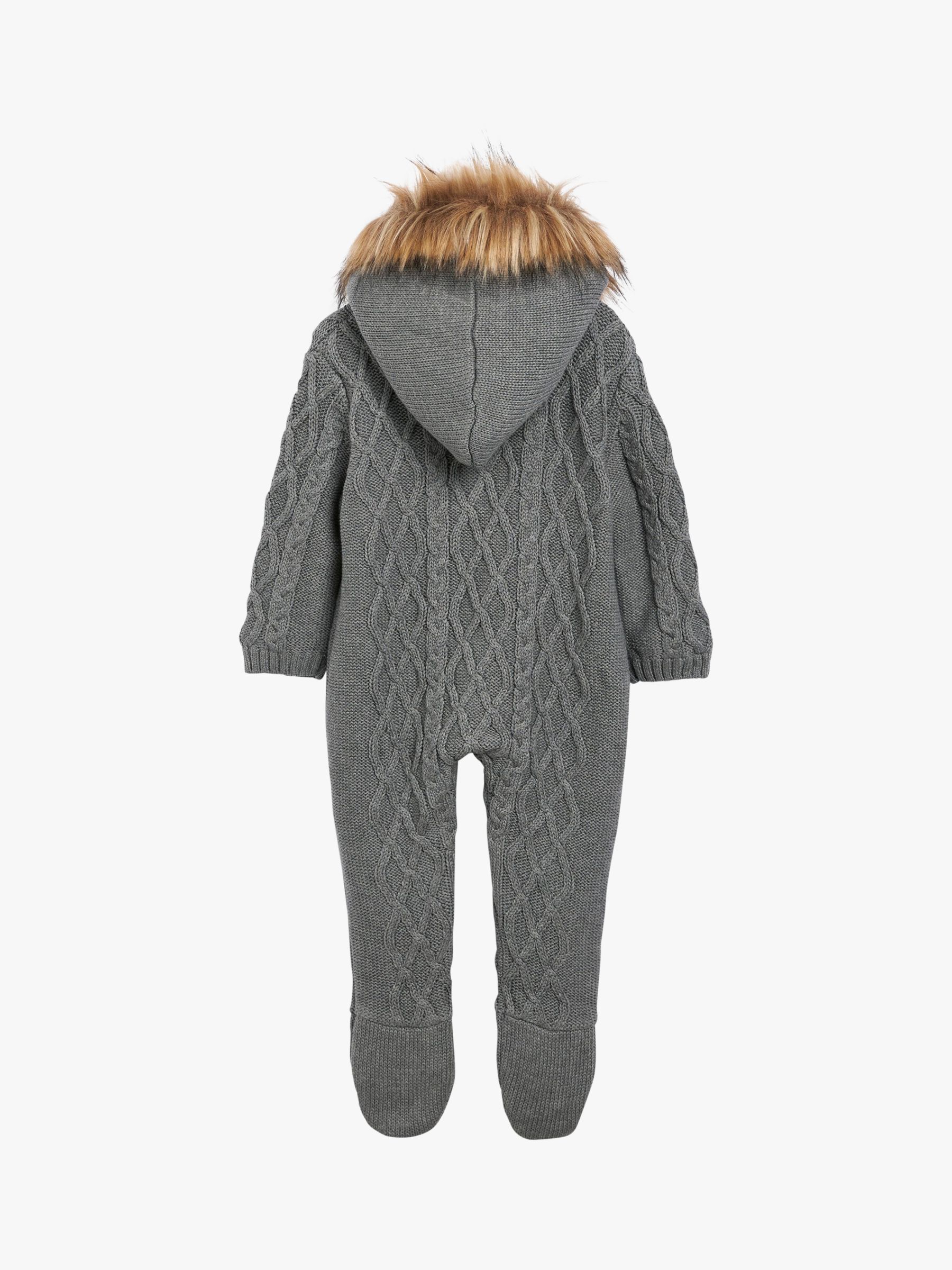 The Little Tailor Kids' Knitted Faux Fur Hood Romper, Charcoal Grey, 3-6 months
