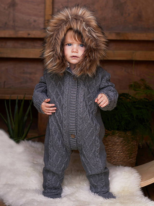 The Little Tailor Kids' Knitted Faux Fur Hood Romper, Charcoal Grey