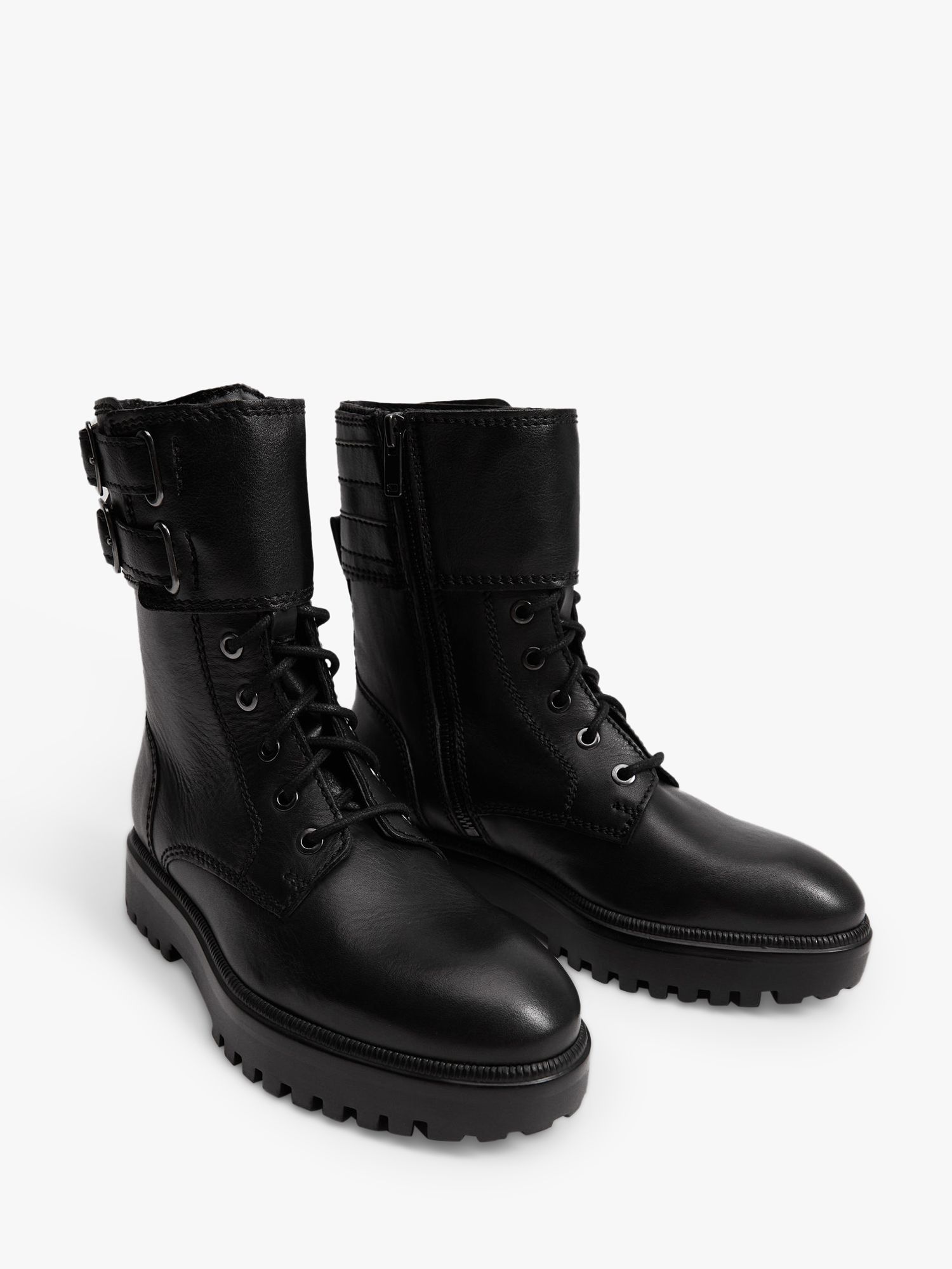 Mango Classic Leather Lace Up Mid Height Biker Boots, Black at John ...