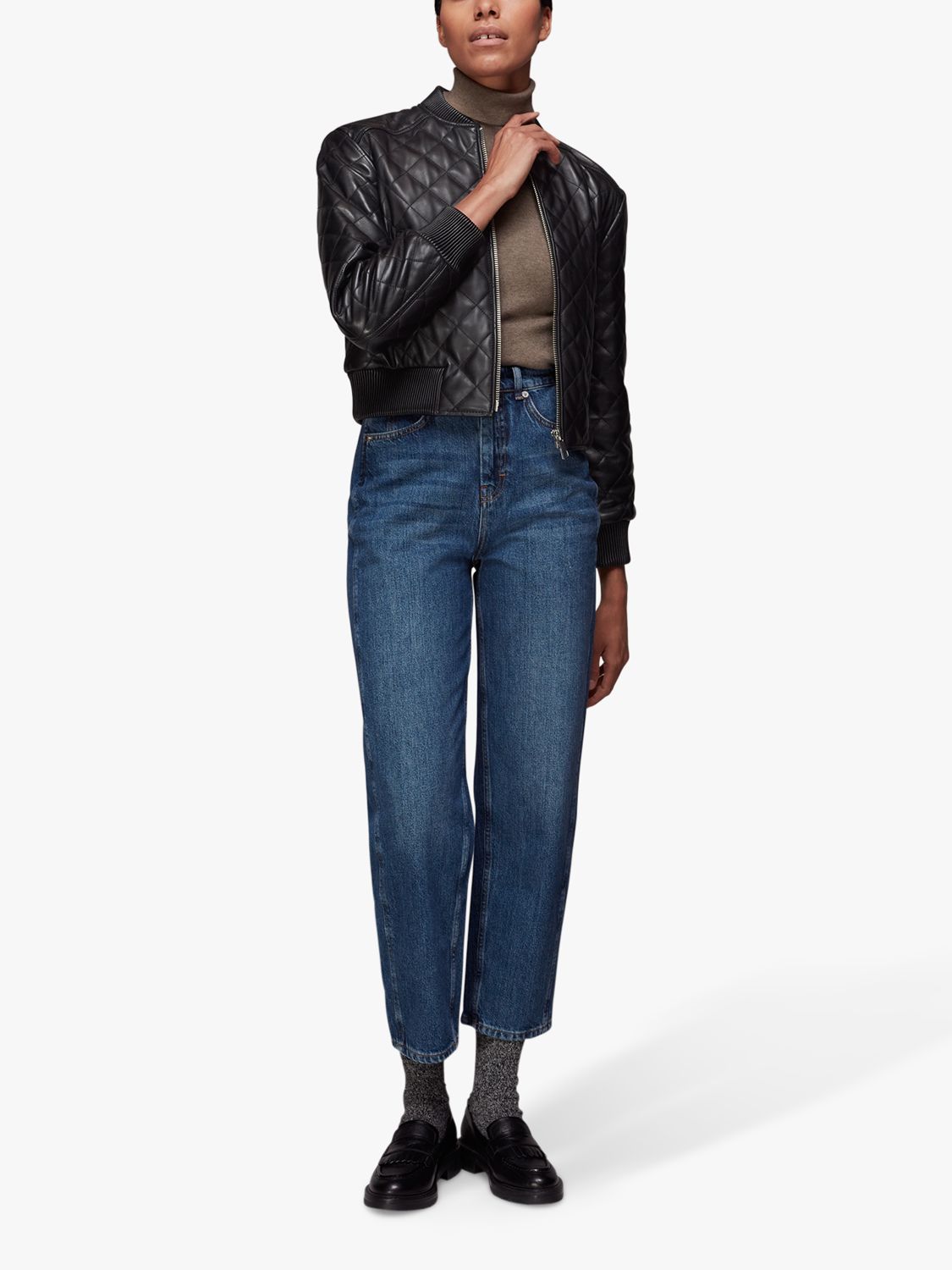 Whistles Alora Quilted Leather Bomber Jacket, Black at John Lewis ...