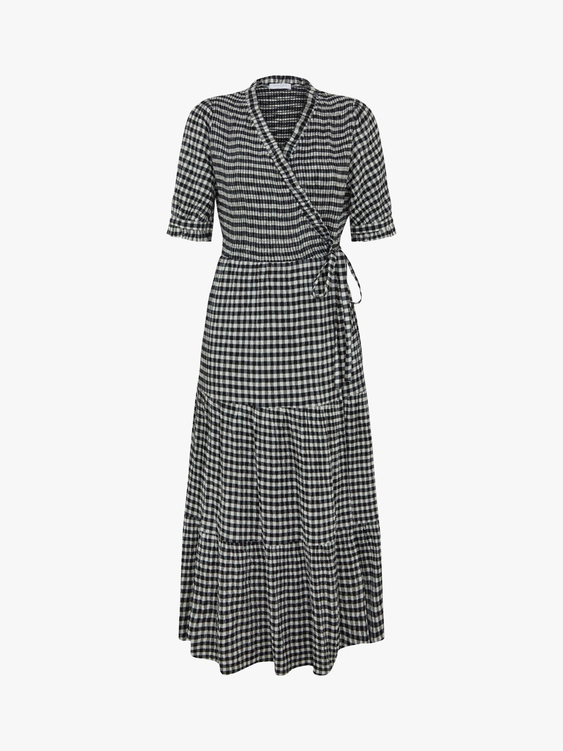 Ghost Kira Gingham Wrap Midi Dress, Black/Beige