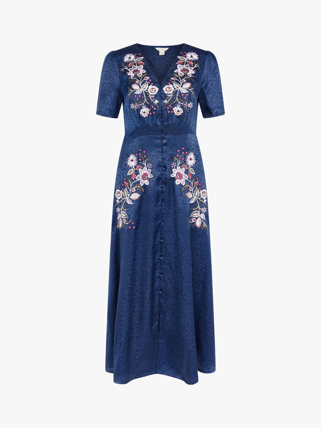 Monsoon Floral Embroidered Jacquard Midi Dress, Navy