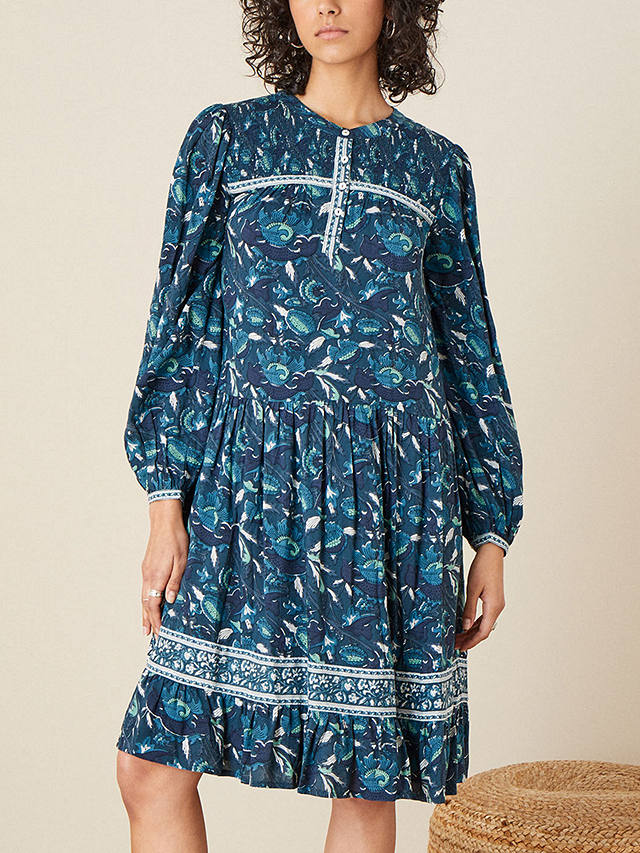 Monsoon Woodblock Floral Print Dress, Teal at John Lewis & Partners