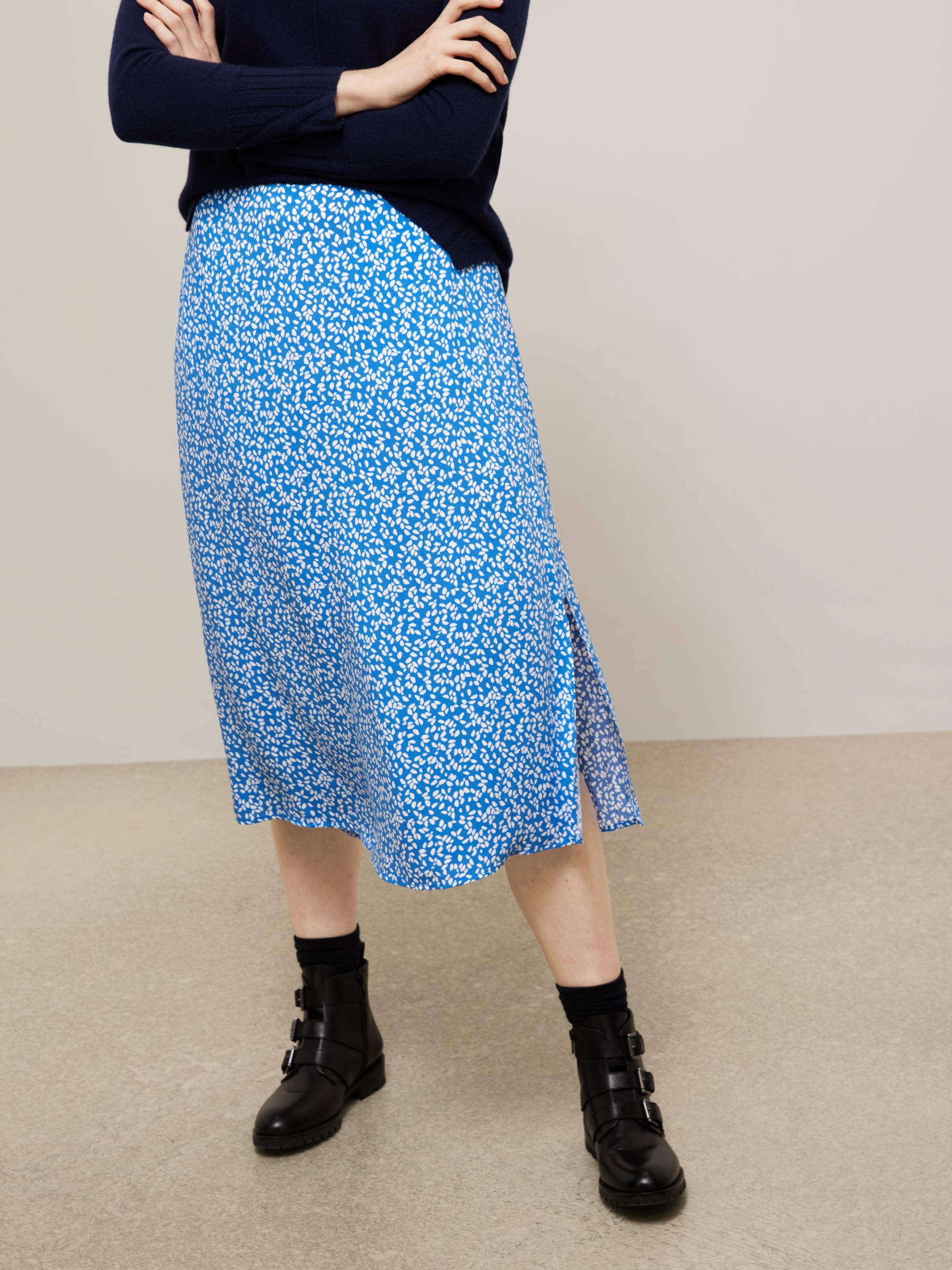 John Lewis Leaf Print Pull On Skirt, Mid Blue