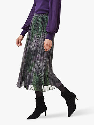 Phase Eight Camina Snake Print Pleated Midi Skirt, Black/Multi