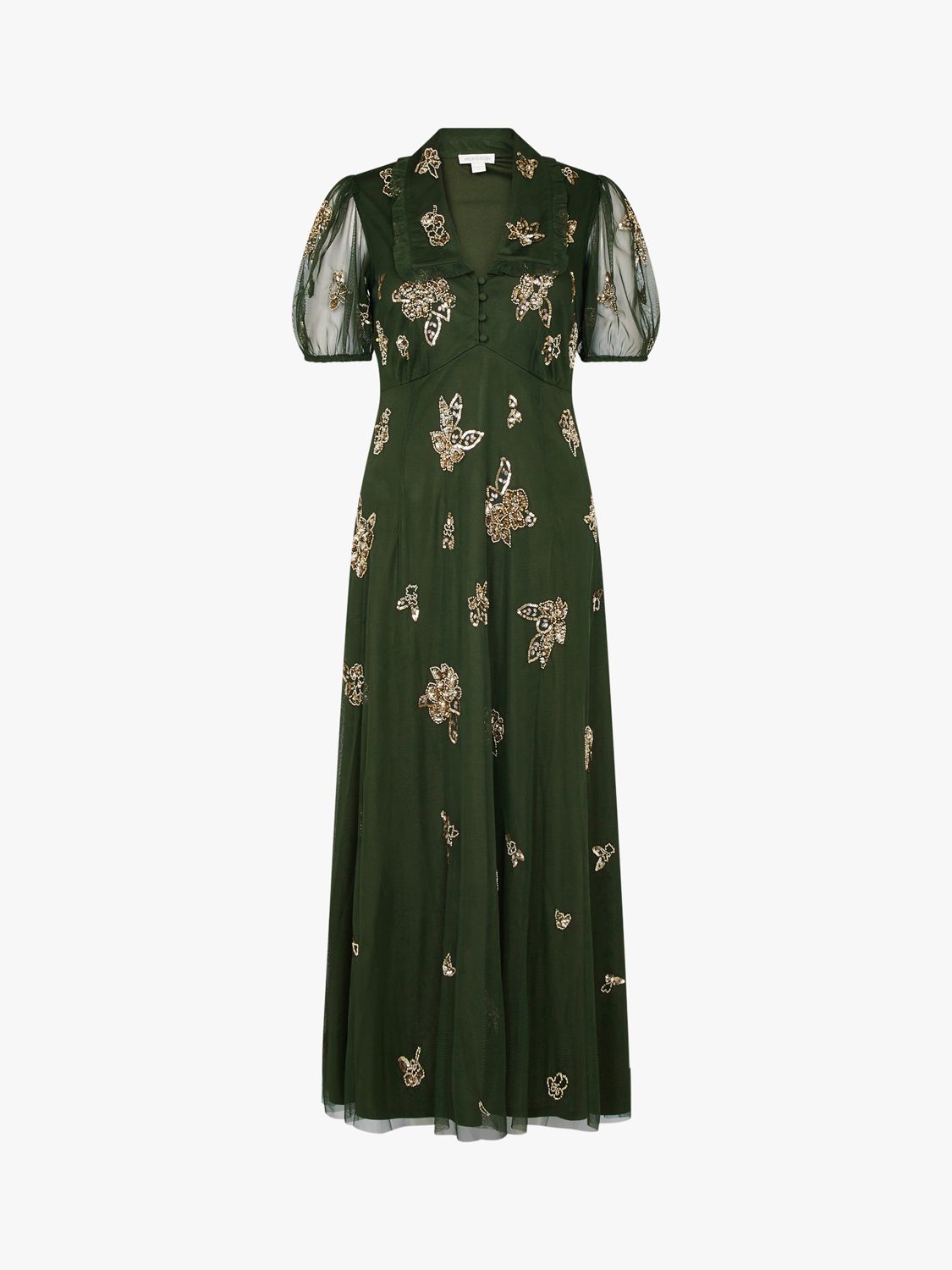 Monsoon Lauren Embellished Midi Dress, Olive at John Lewis & Partners