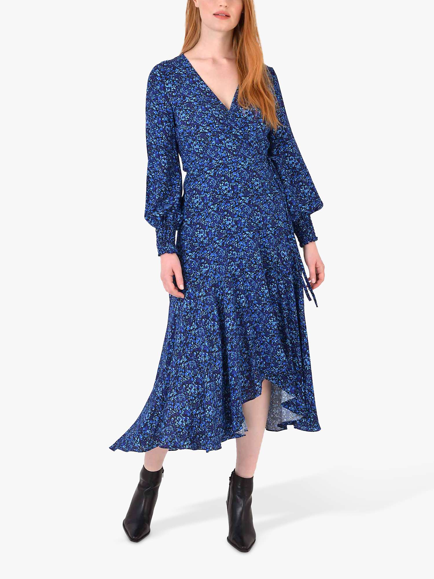 Ro\u0026Zo Ditsy Floral Print Midi Wrap Dress, Blue/Black at John Lewis \u0026  Partners