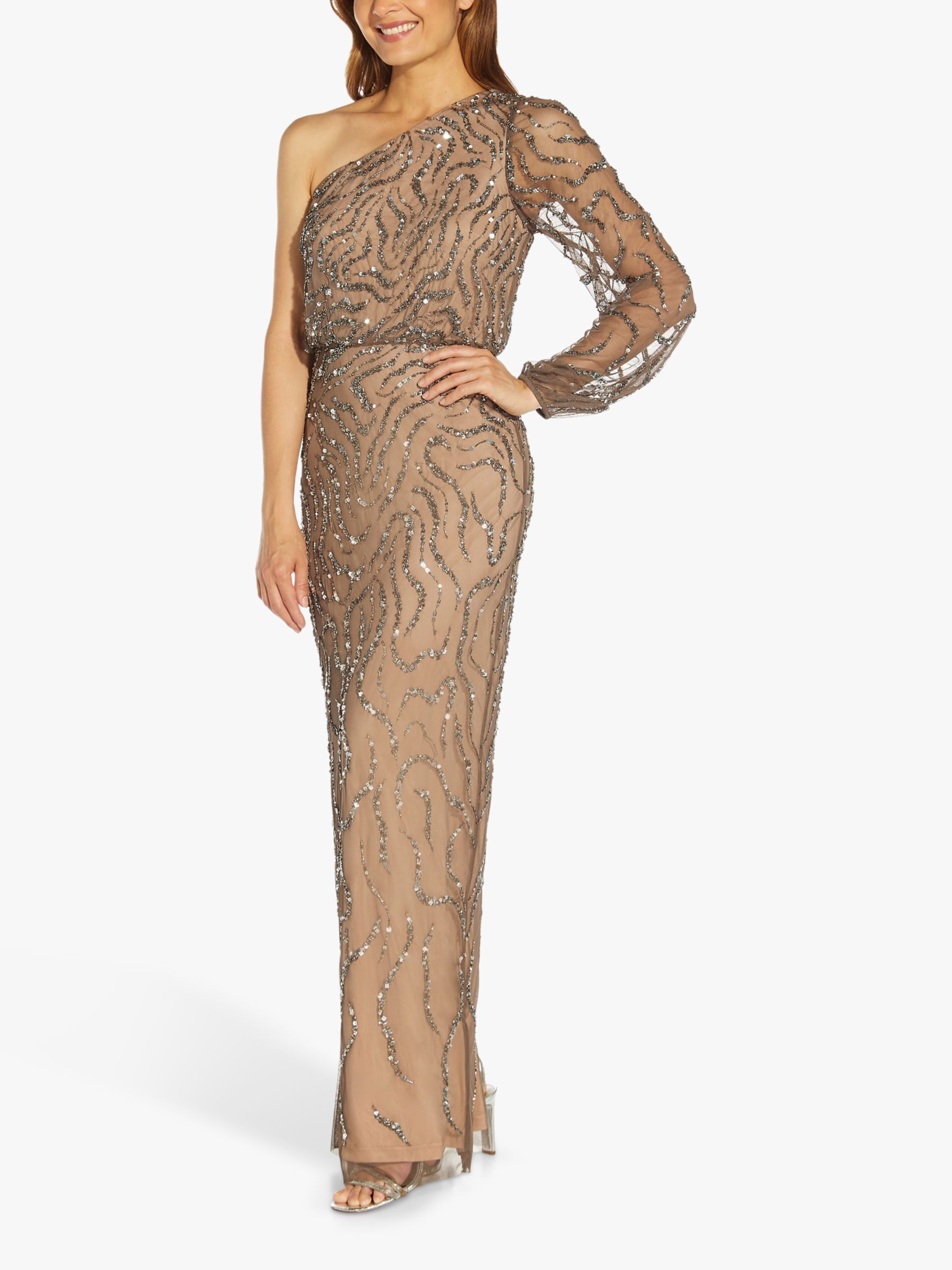 Adrianna Papell One Shoulder Long Beaded Dress, Nude/Lead