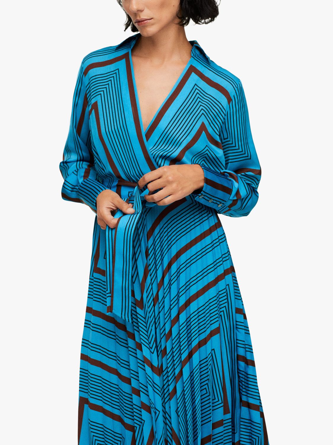 Mango Striped Pleated Wrap Midi Dress, Blue