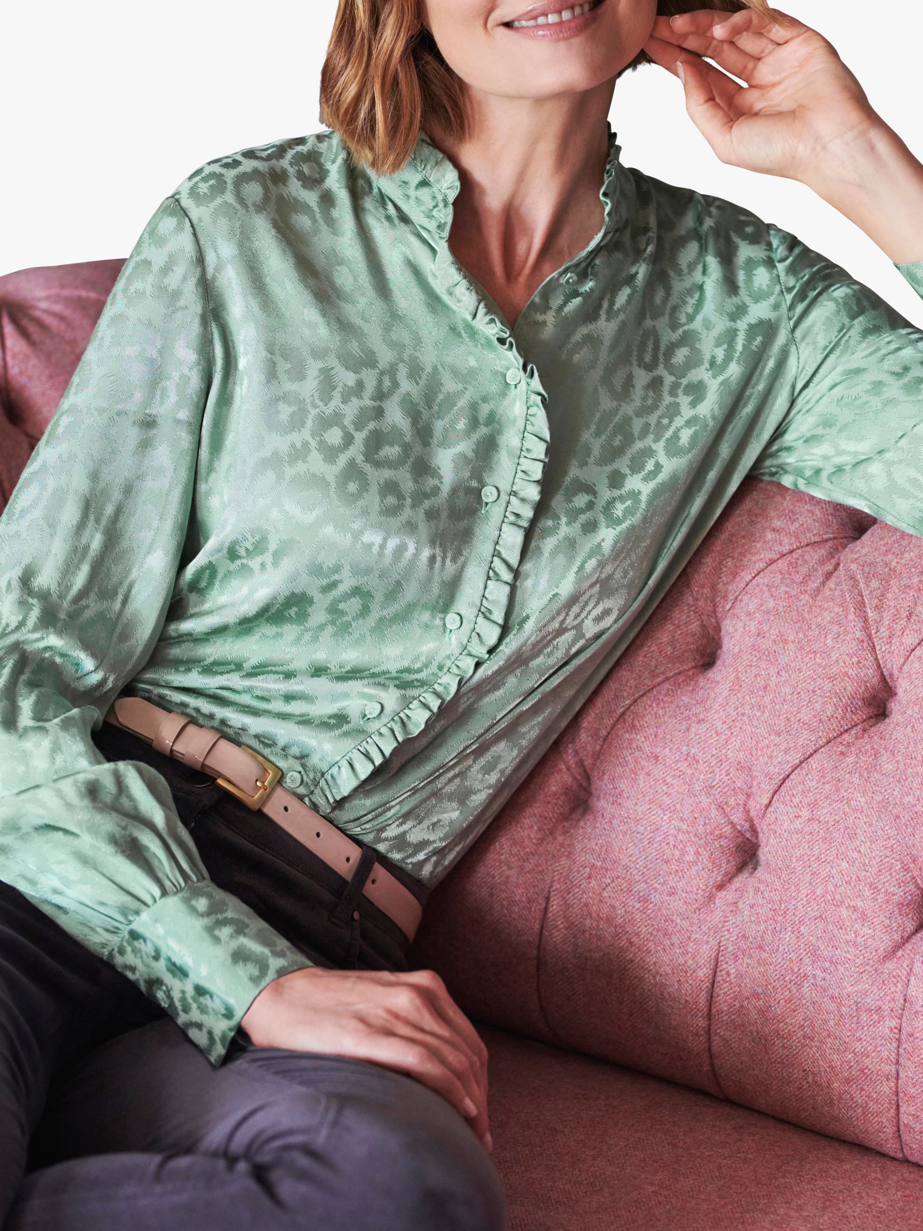 Pure Collection Jacquard Ruffle Blouse, Green Mist