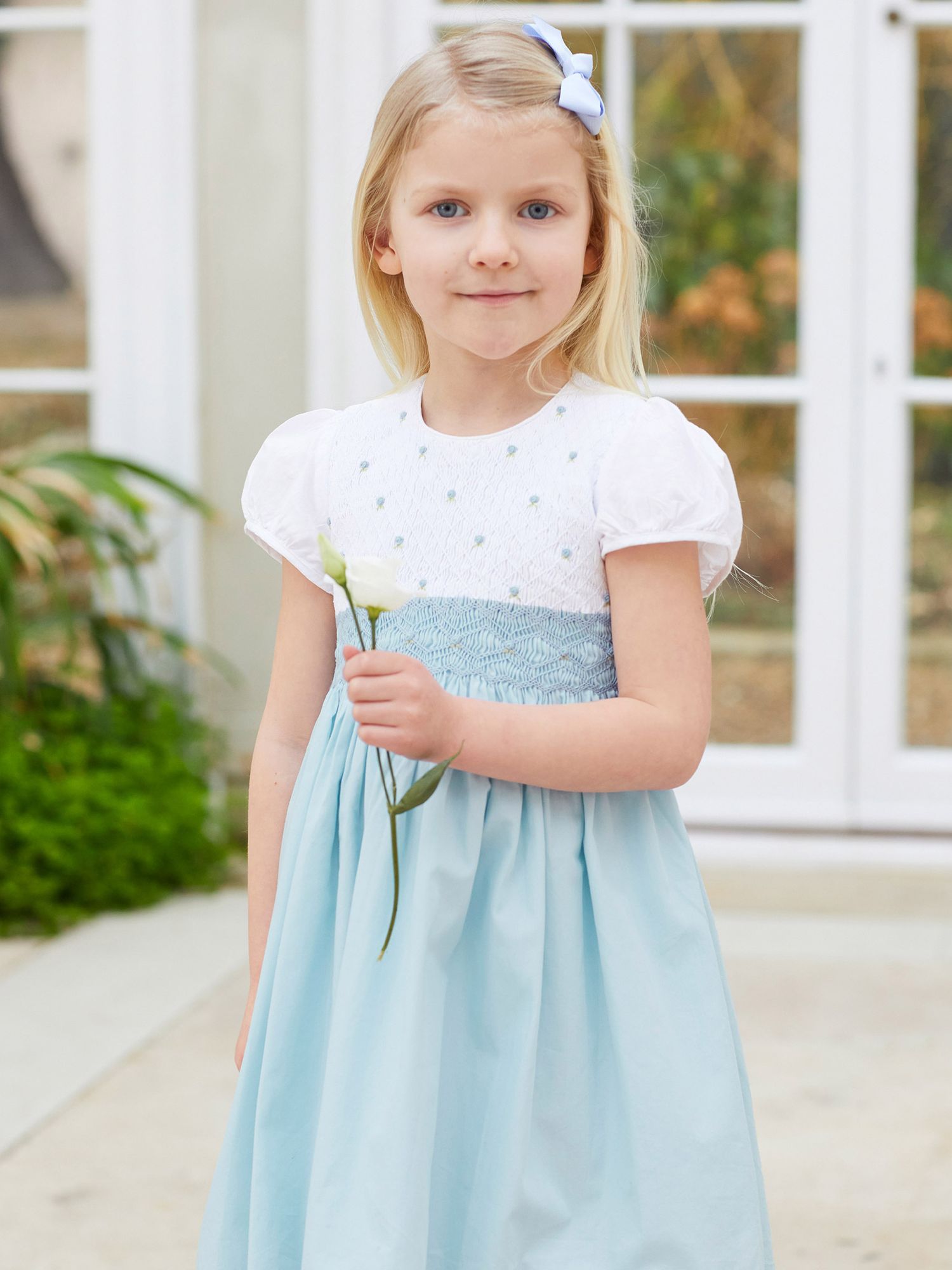 Trotters Kids' Rose Hand-Smocked Dress, Sea Blue, 2 years