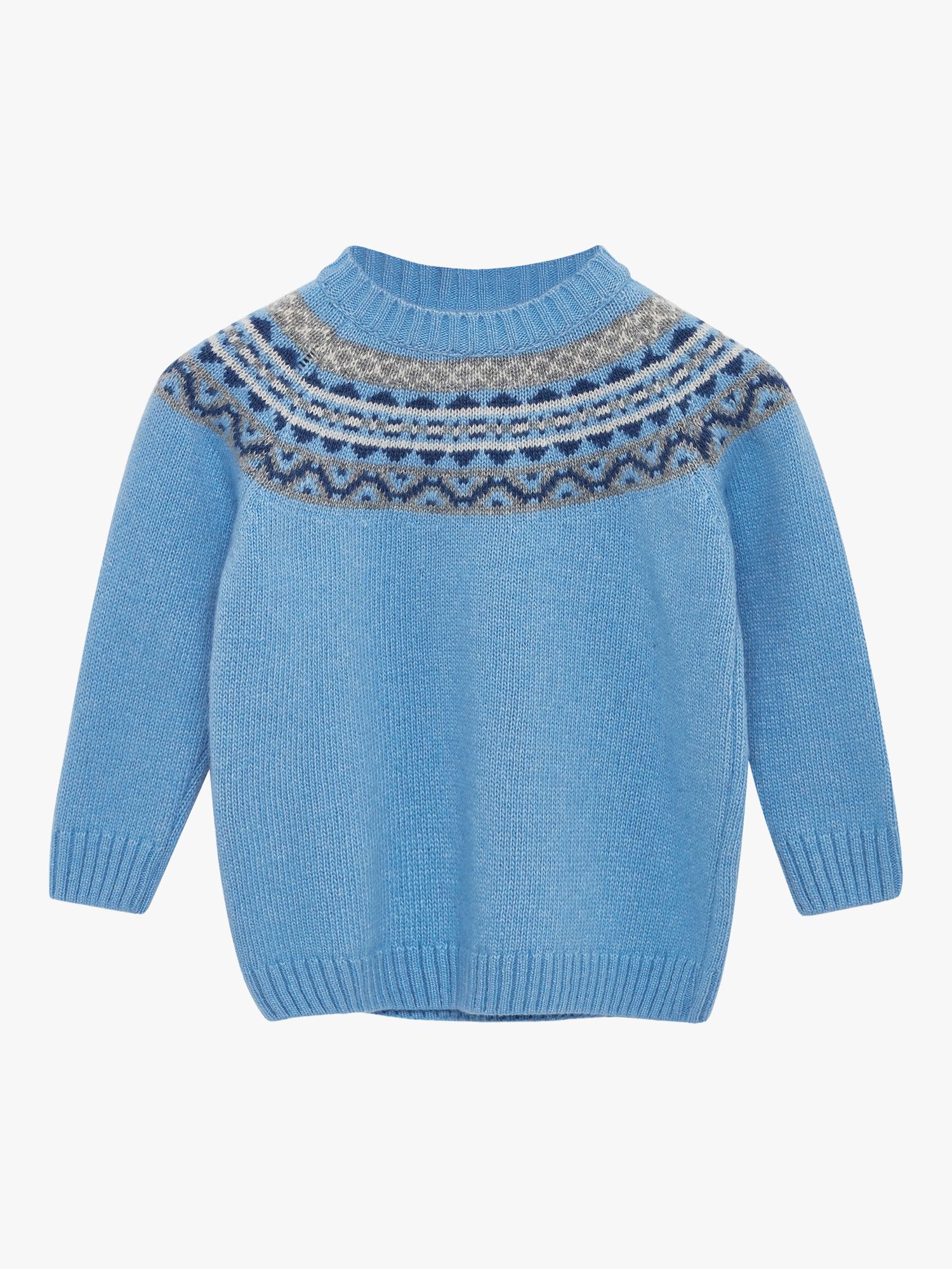 Trotters Baby Frankie Fair Isle Cashmere Blend Jumper, Pale Blue at ...