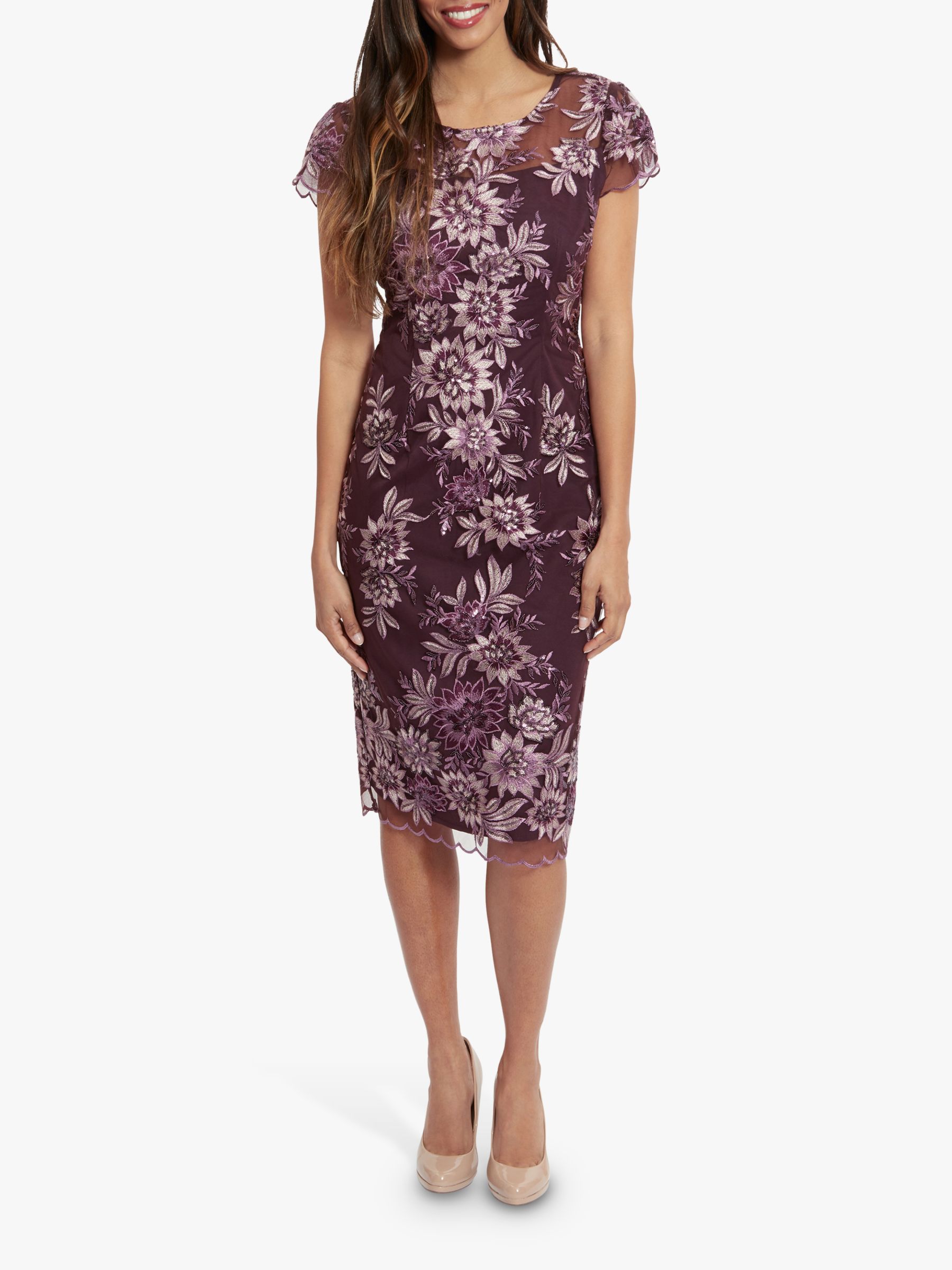 Gina Bacconi Arianna Floral Embroidered Dress, Plum at John Lewis & Partners