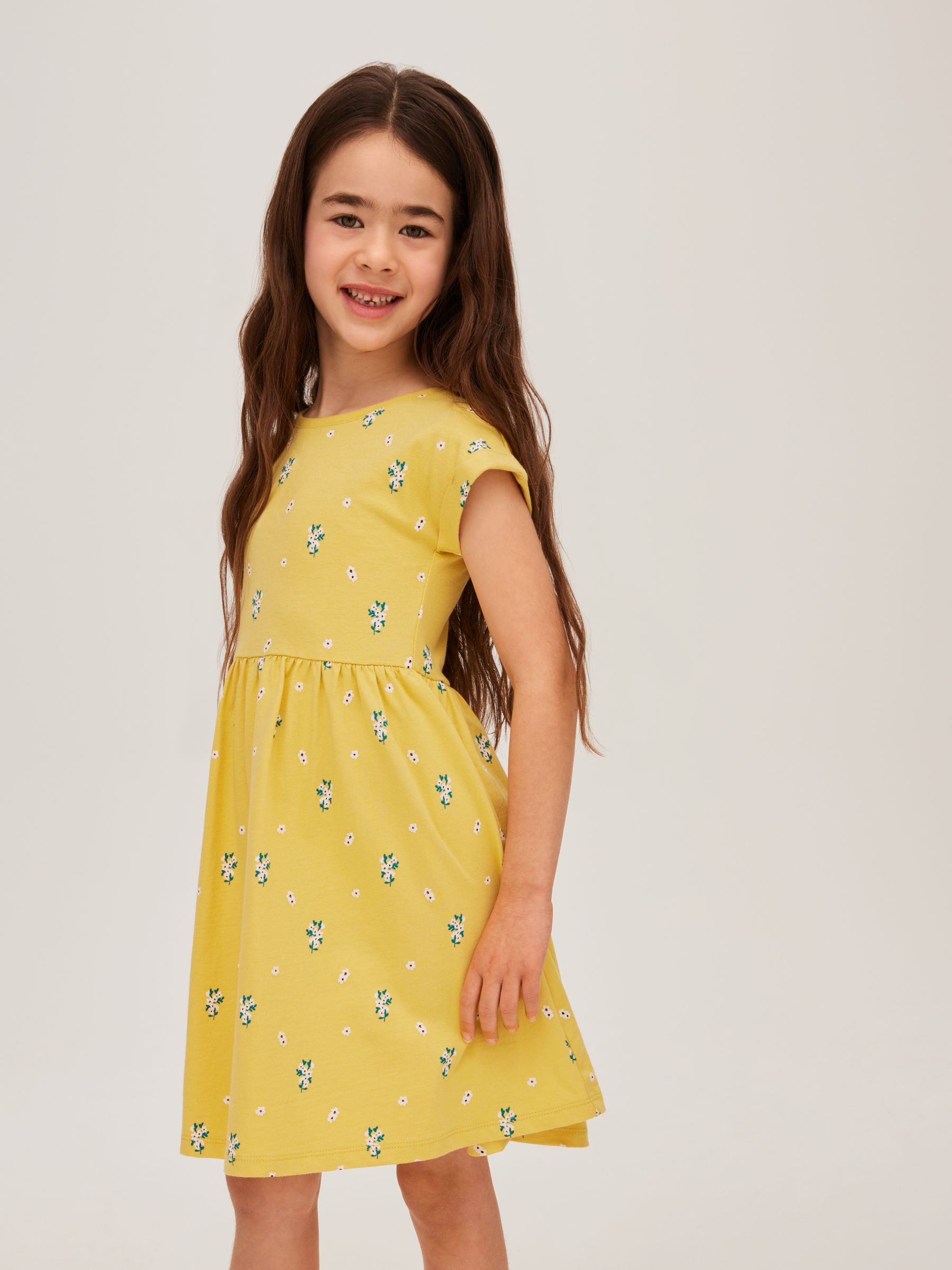 John Lewis & Partners Kids' Multi Floral Cap Sleeve Dress, Yellow