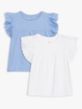 John Lewis & Partners Kids' Broderie Sleeve Top, Pack of 2, White/Blue