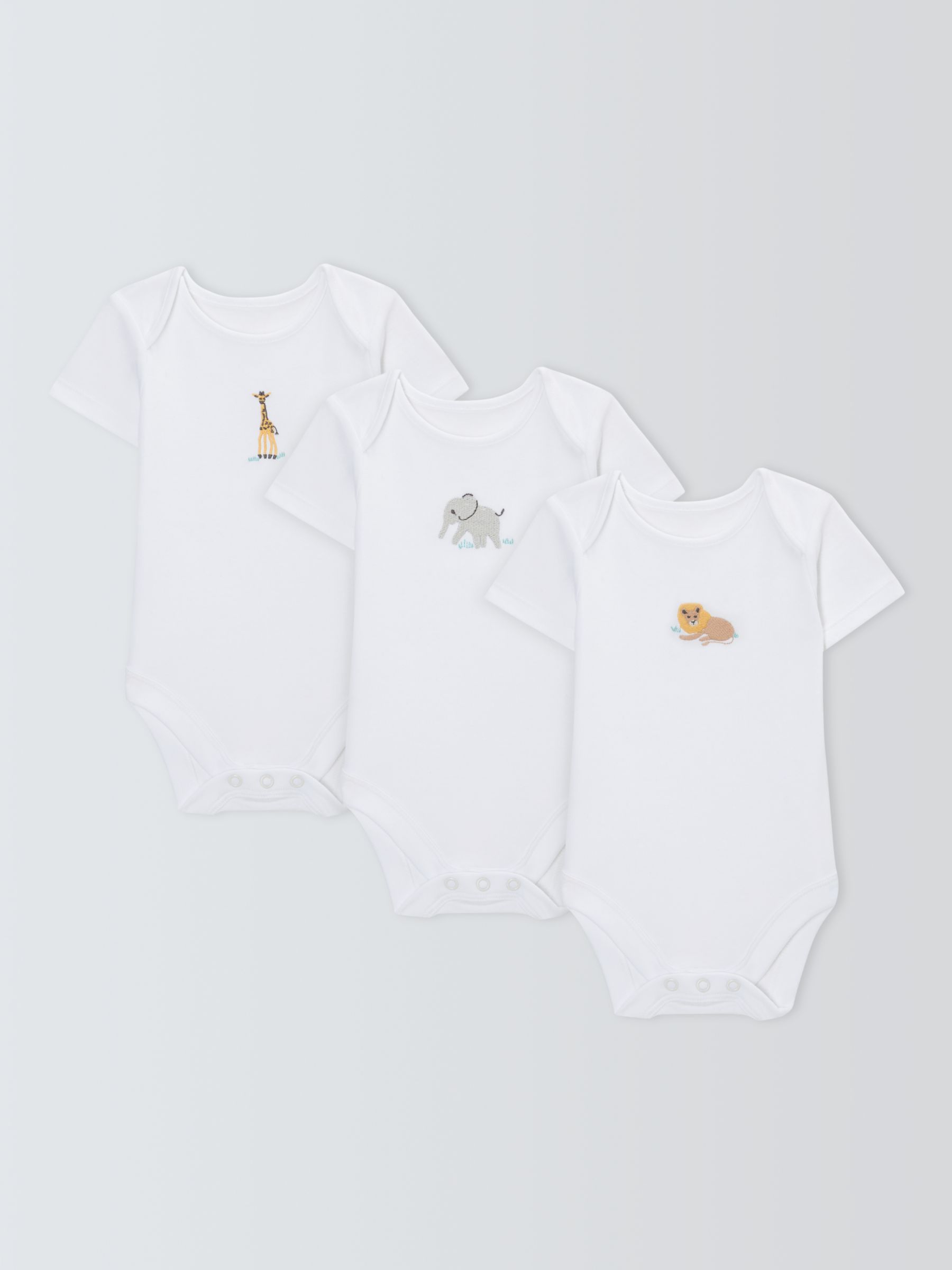 John Lewis Baby Safari Animal Embroidery Short Sleeve Bodysuits, Pack of 3, White, Tiny Baby
