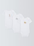 John Lewis & Partners Baby Safari Animal Embroidery Short Sleeve Bodysuits, Pack of 3, White