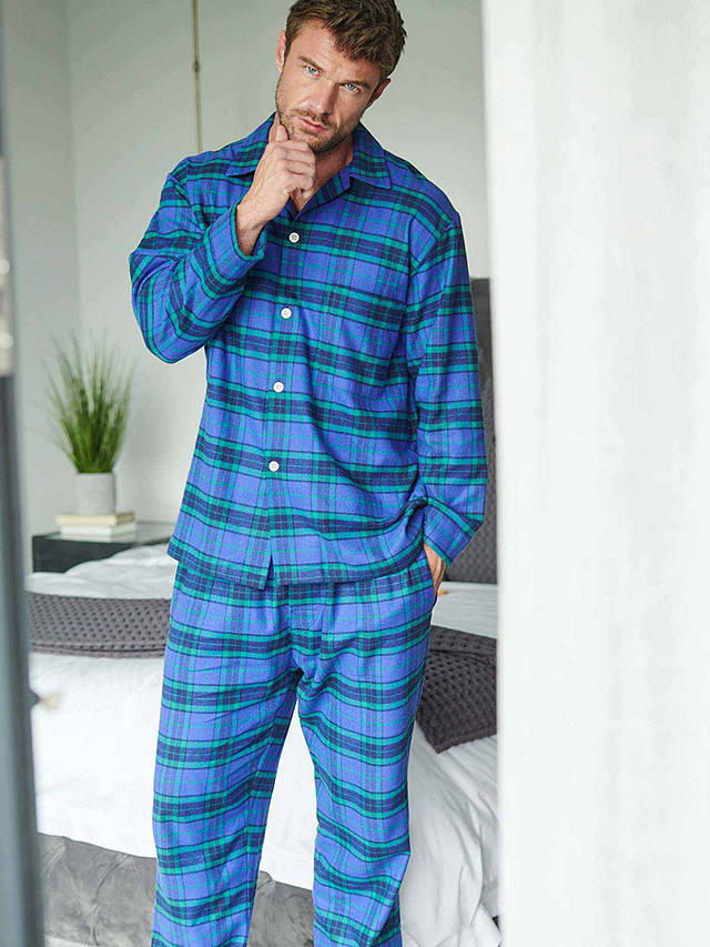 British Boxers Tartan Brushed Cotton Pyjama Set, Midnight Blue/Green