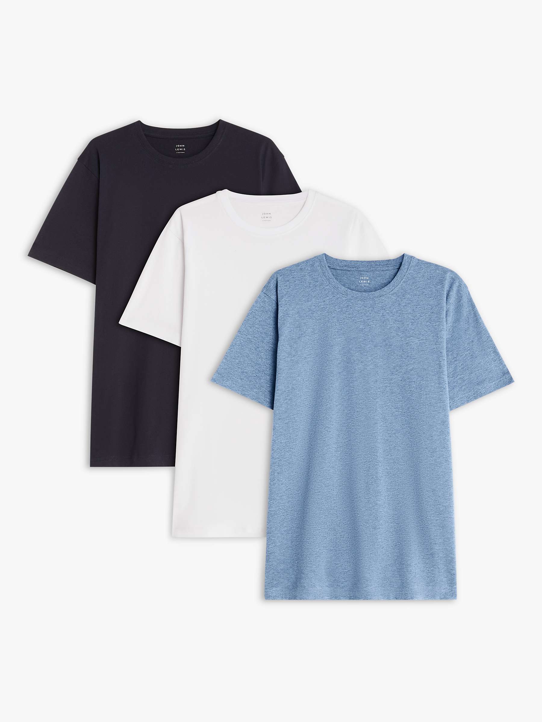 John Lewis Cotton T-Shirt, Pack of 3, White/Blue Melange/Navy at