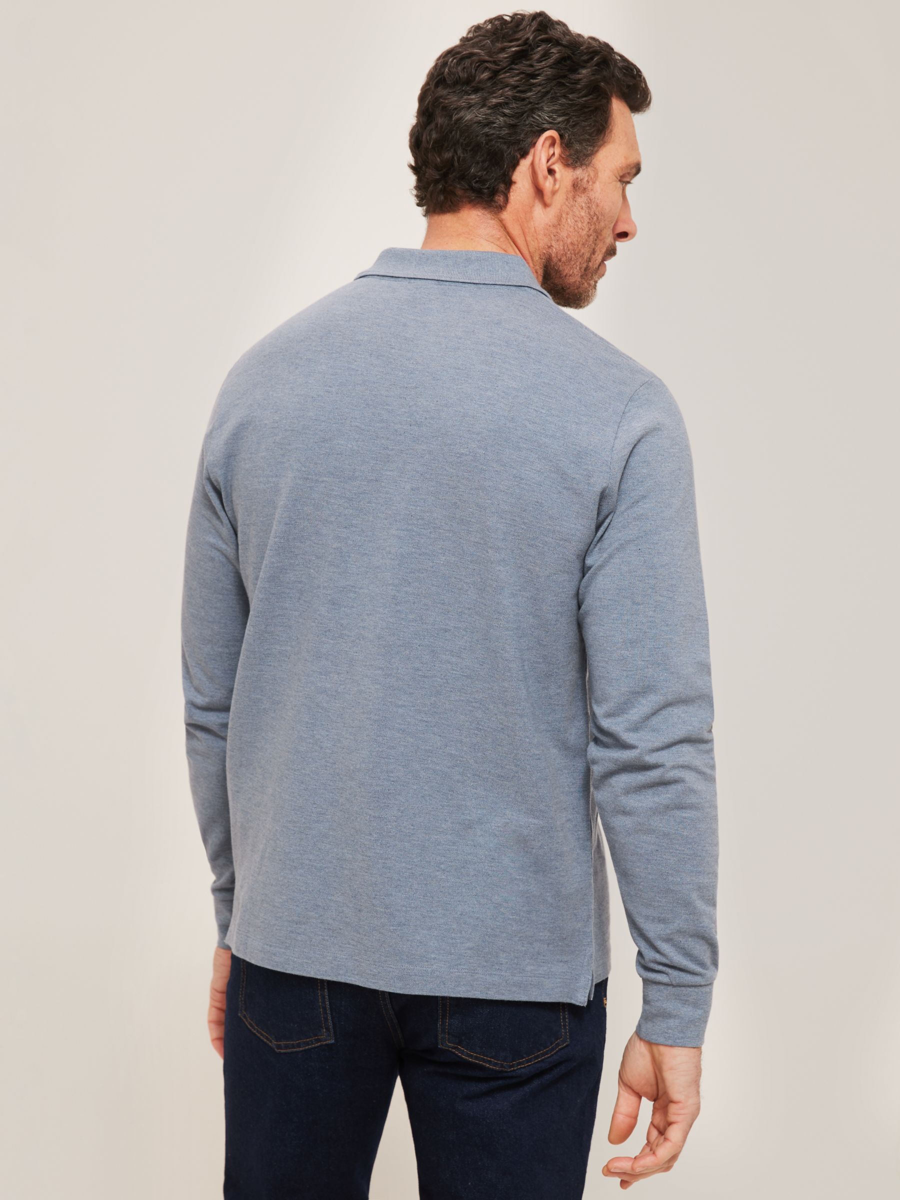 John Lewis Supima Cotton Long Sleeve Jersey Polo Shirt, Denim Melange, XL